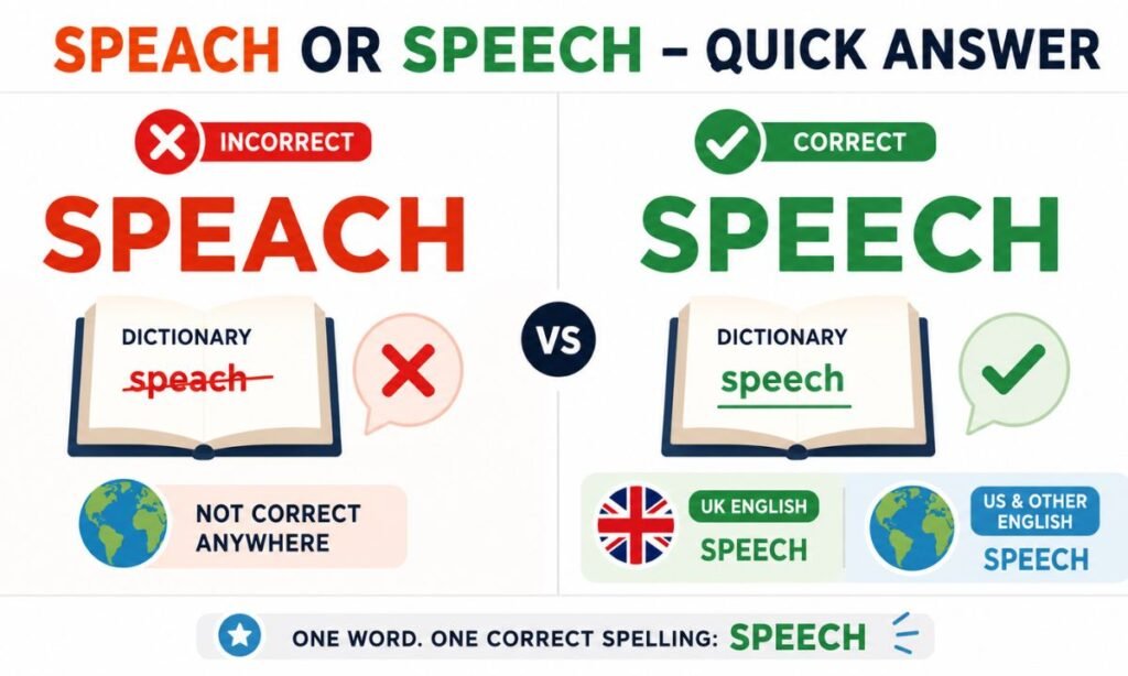 Is it speach or speech? Discover the correct spelling, meaning, pronunciation, and common examples to avoid this frequent English mistake in 2026.